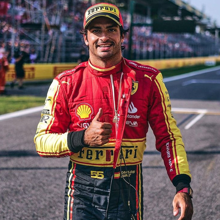 2023 Carlos Sainz Monza GP Ferrari F1 suit inspired by the Italian Grand Prix.