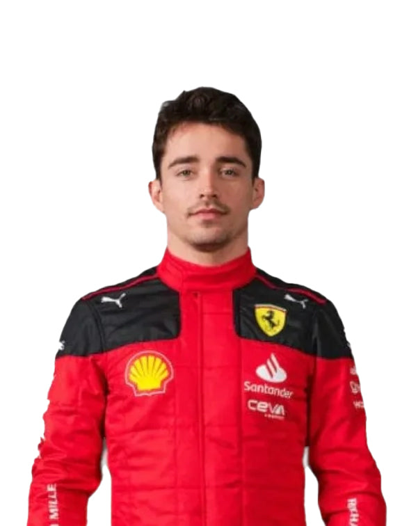2023 Charles Leclerc Ferrari F1 racing suit inspired by the iconic Formula 1 Grand Prix design.