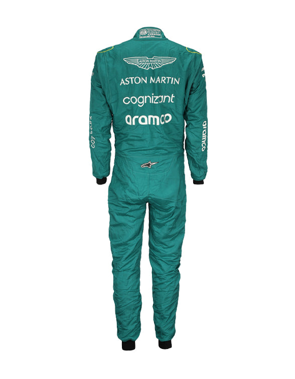 Back view of 2022 Aston Martin F1 suit with sponsor details F1 suit