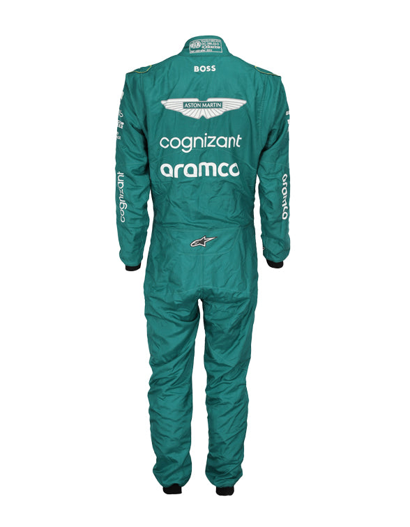 Close-up detail of 2023 F1 suit fabric stitching Aston Martin racing suit