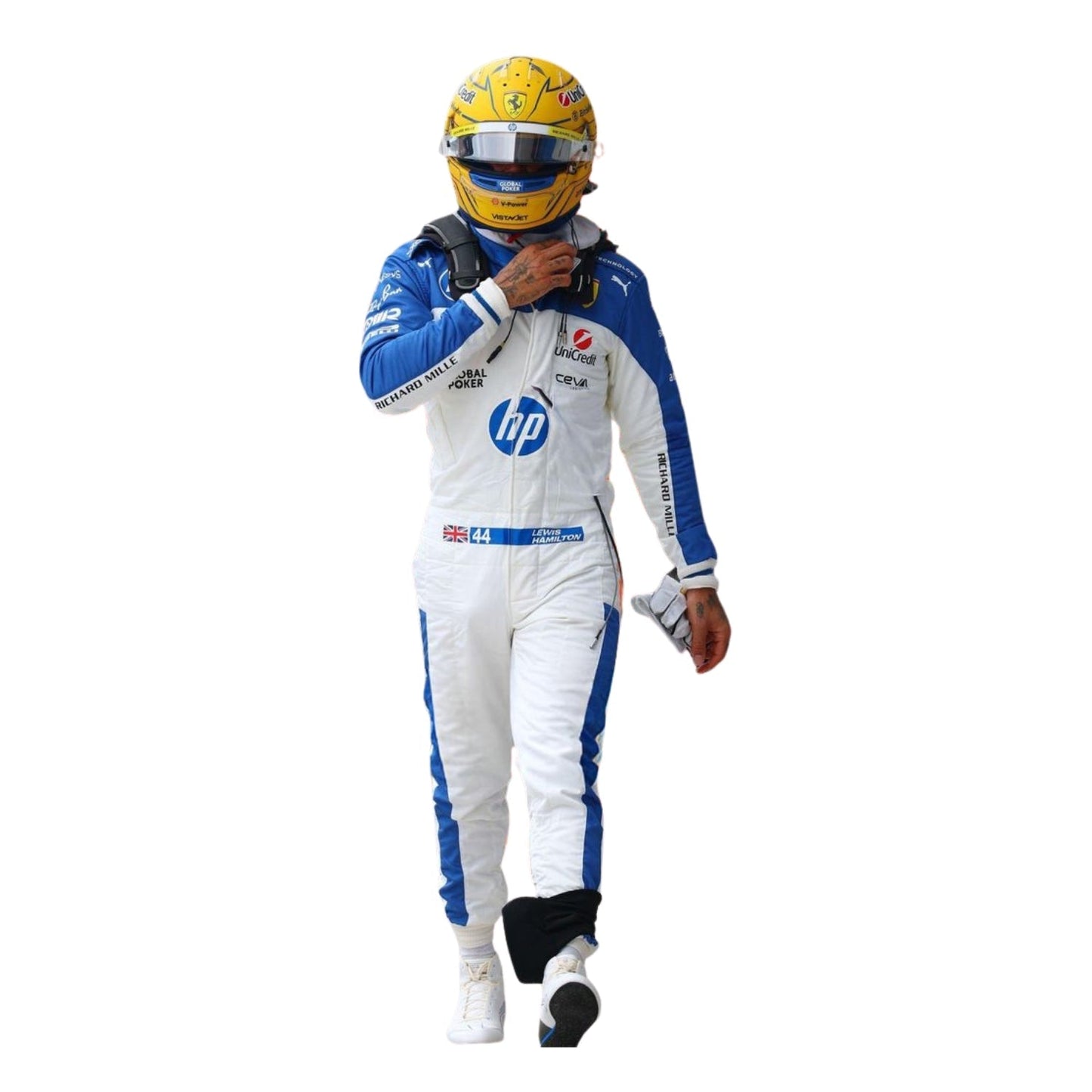 Scuderia Ferrari 2025 Miami Grand Prix racing suit associated with Lewis Hamilton, featuring vibrant team colors, sponsor logos, and professional racing style.