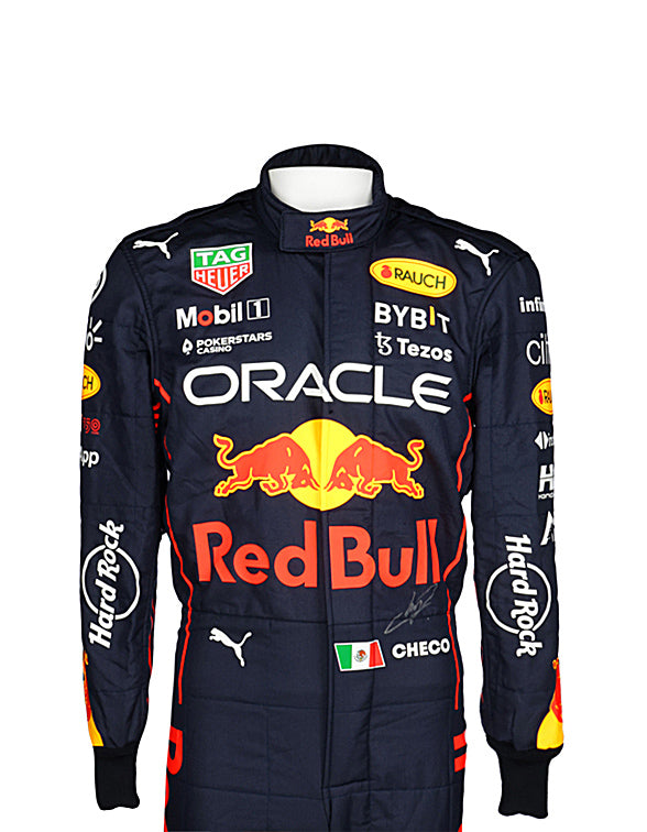 detailed stitching and fabric of 2022 Sergio Perez Red Bull F1 suit replica