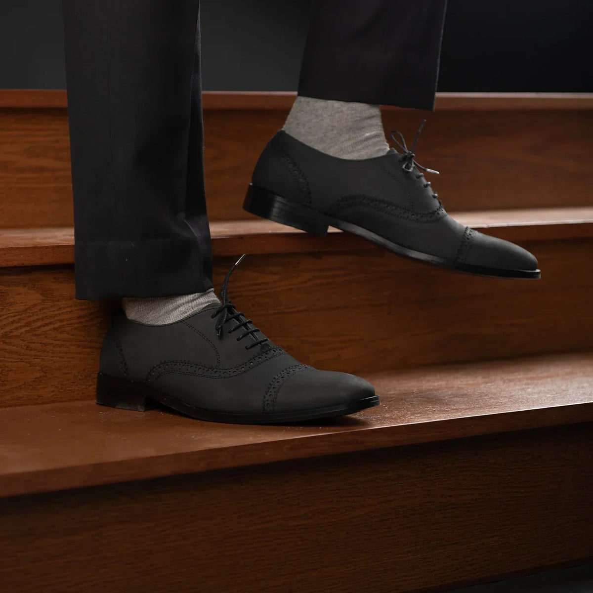 Greyson Brogues Oxford Black Nubuck Leather Shoes - men's shoes in black nubuck leather, view 10