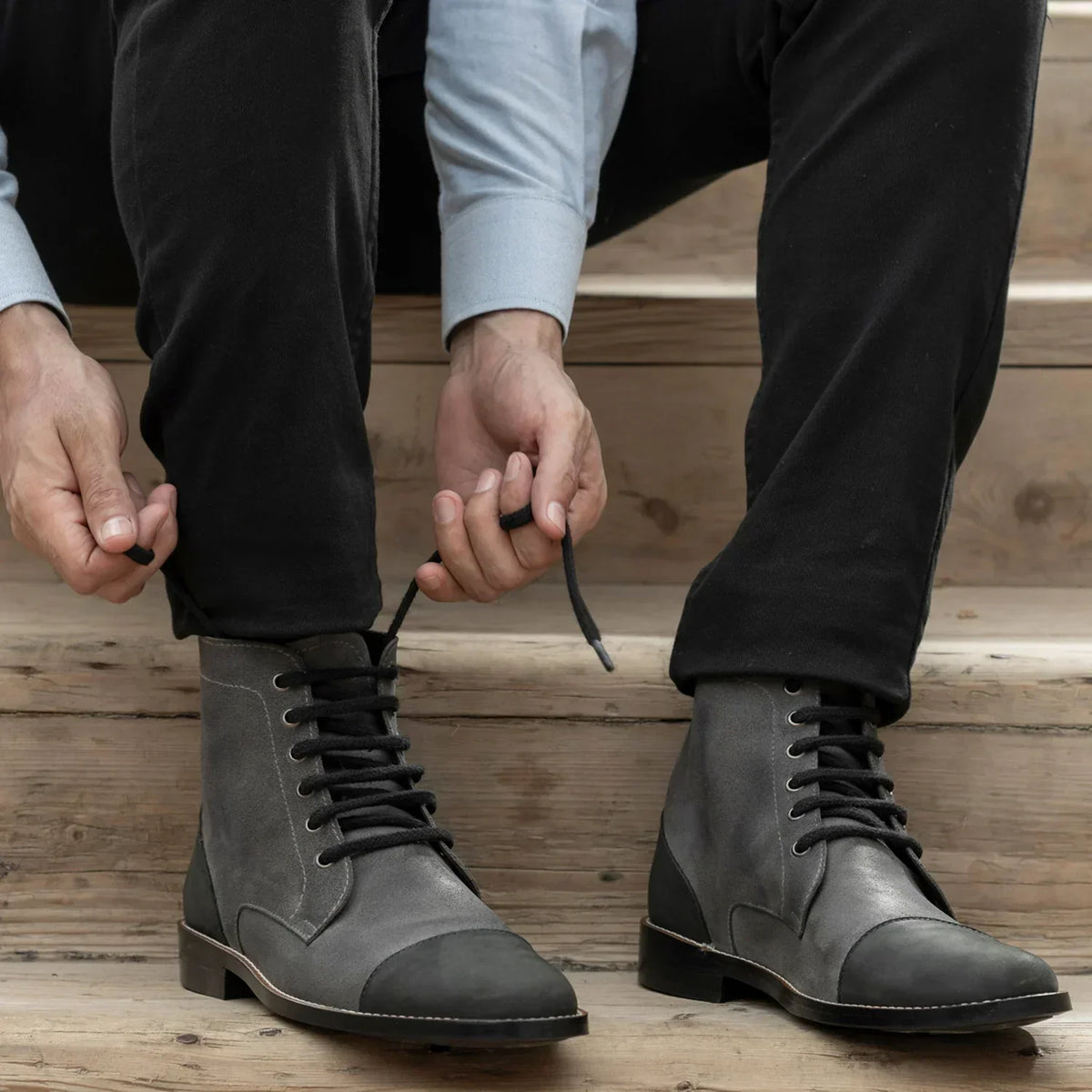Knight Derby Grey & Black Leather Boots Rugged Sole - men's boots in grey & black genuine leather, view 10