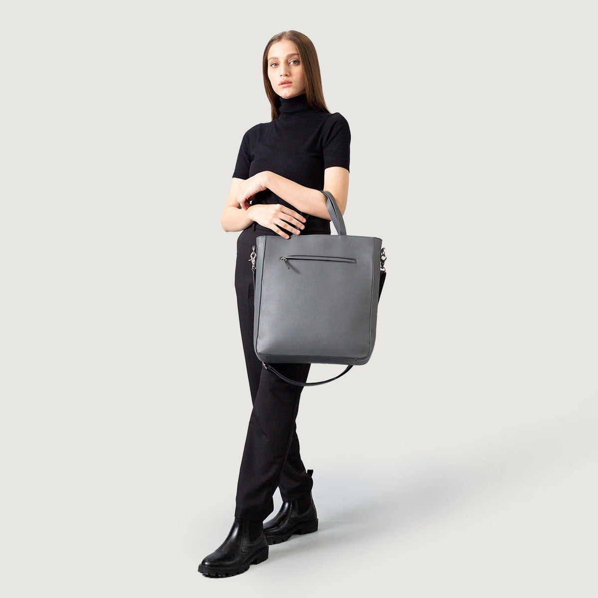 Brex Poet Grey Leather Tote Bag - grey leather tote bag, view 9