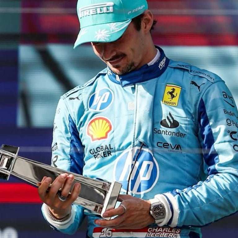 High-quality 2024 Ferrari Miami GP Charles Leclerc Replica Racing Suit with sponsor-style detailing.