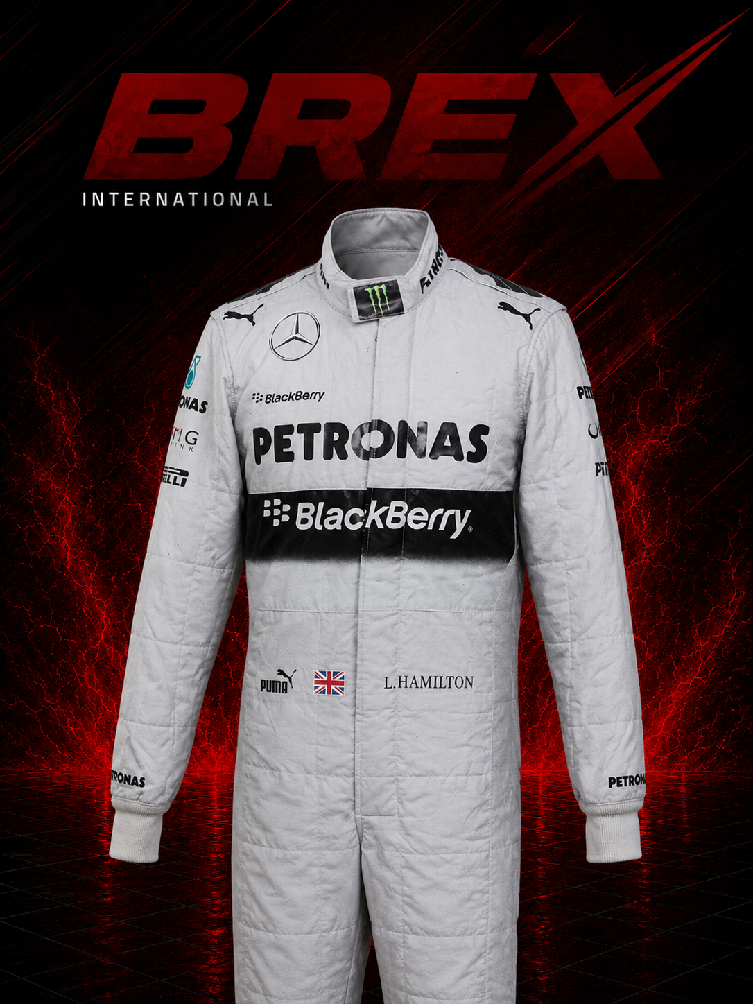 Own the iconic 2014 Lewis Hamilton F1 Racing Suit inspired by his championship-winning Mercedes AMG Petronas season. Premium quality replica for collectors, fans, and motorsport enthusiasts.
