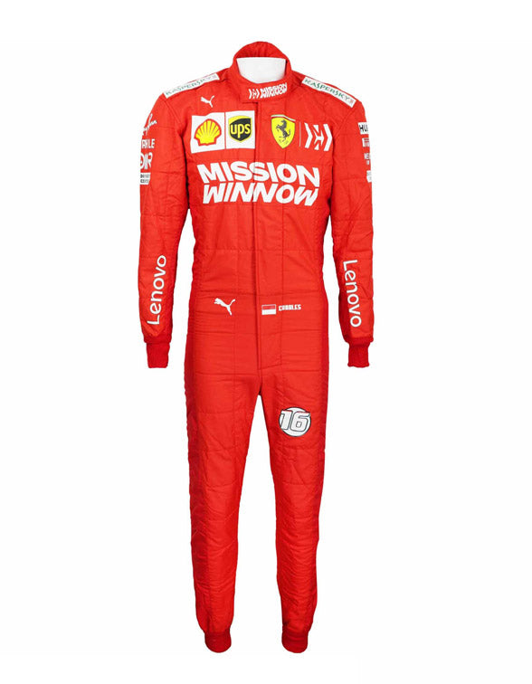 2019 Charles Leclerc Ferrari F1 racing suit inspired by the iconic Formula 1 Grand Prix design.
