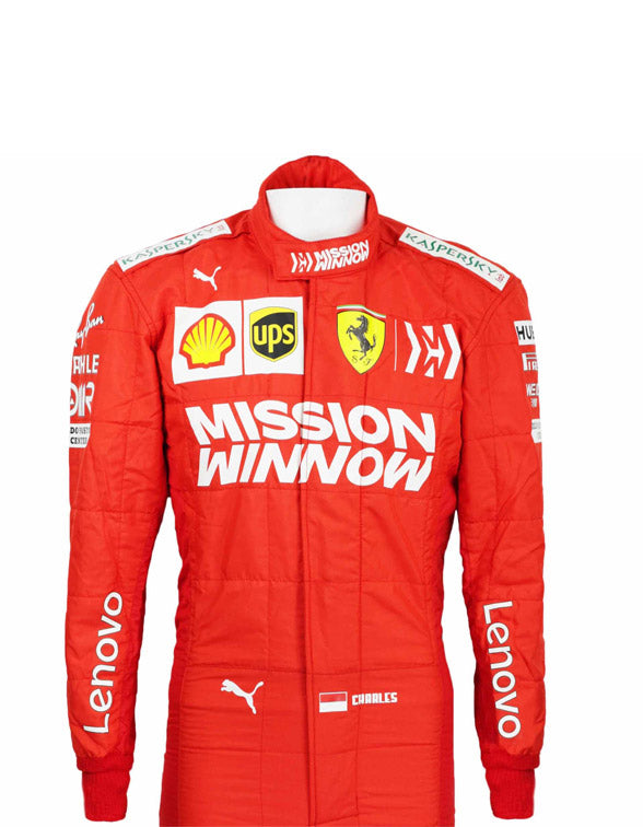 2019 Charles Leclerc Ferrari F1 racing suit inspired by the iconic Formula 1 Grand Prix design.