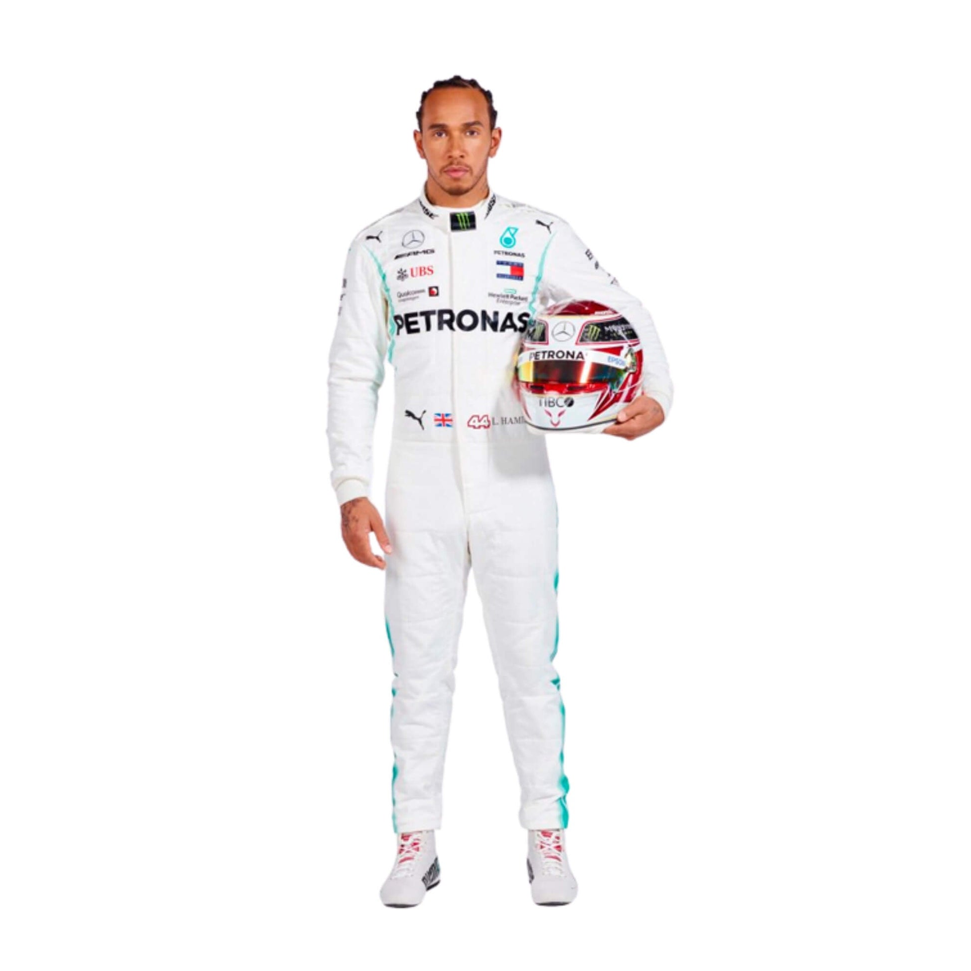 Front view of the premium 2019 Lewis Hamilton Formula 1 racing suit replica with authentic sponsor details.