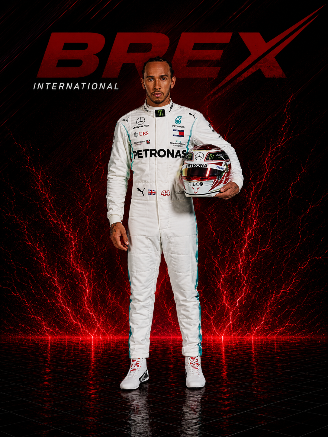 Detailed embroidery and premium stitching on the 2019 Lewis Hamilton Formula 1 racing suit replica.