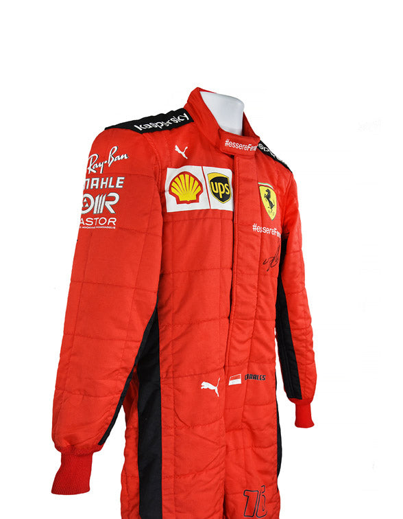 2020 Charles Leclerc Ferrari F1 racing suit inspired by the iconic Formula 1 Grand Prix design