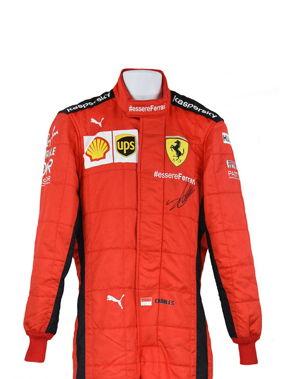 2020 Charles Leclerc Ferrari F1 racing suit inspired by the iconic Formula 1 Grand Prix design.