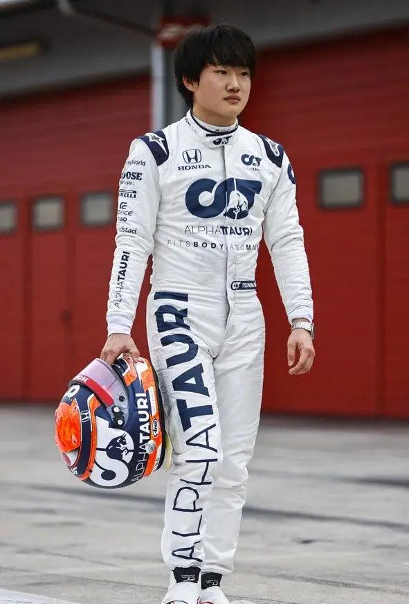 Front view of the 2020 Yuki Tsunoda AlphaTauri Formula 1 race suit replica featuring premium sponsor graphics