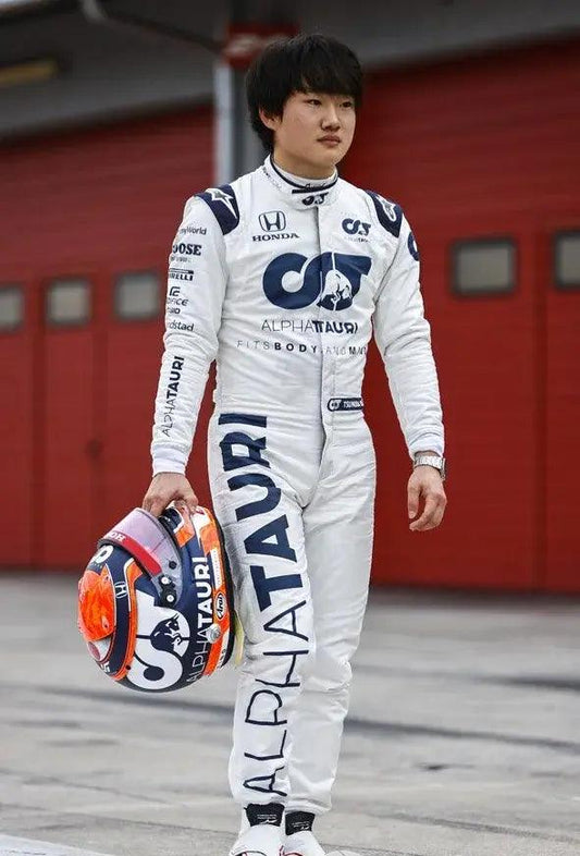 Front view of the 2020 Yuki Tsunoda AlphaTauri Formula 1 race suit replica featuring premium sponsor graphics