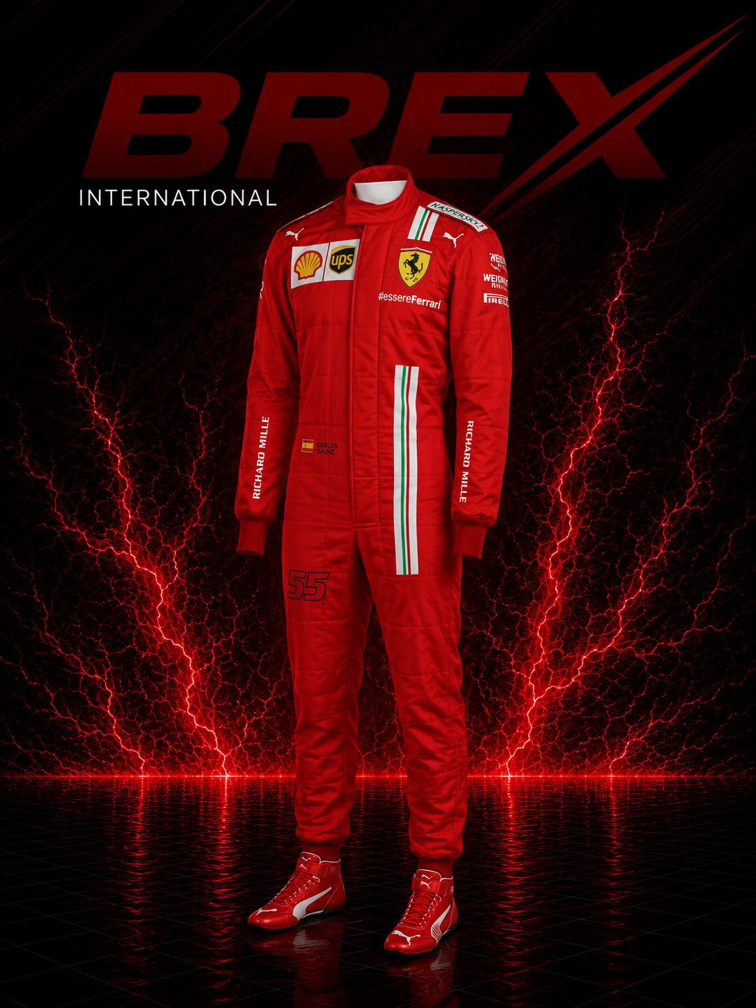 2021 Carlos Sainz Ferrari F1 racing suit inspired by the official Formula 1 Grand Prix design.
