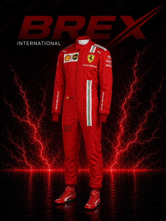 2021 Carlos Sainz Ferrari F1 racing suit inspired by the official Formula 1 Grand Prix design.