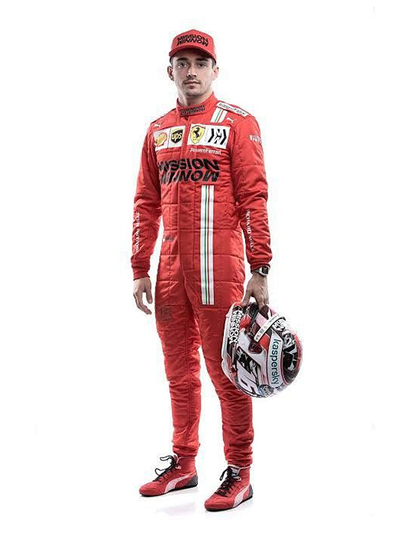 2021 Charles Leclerc Ferrari F1 racing suit inspired by the iconic Formula 1 Grand Prix design.