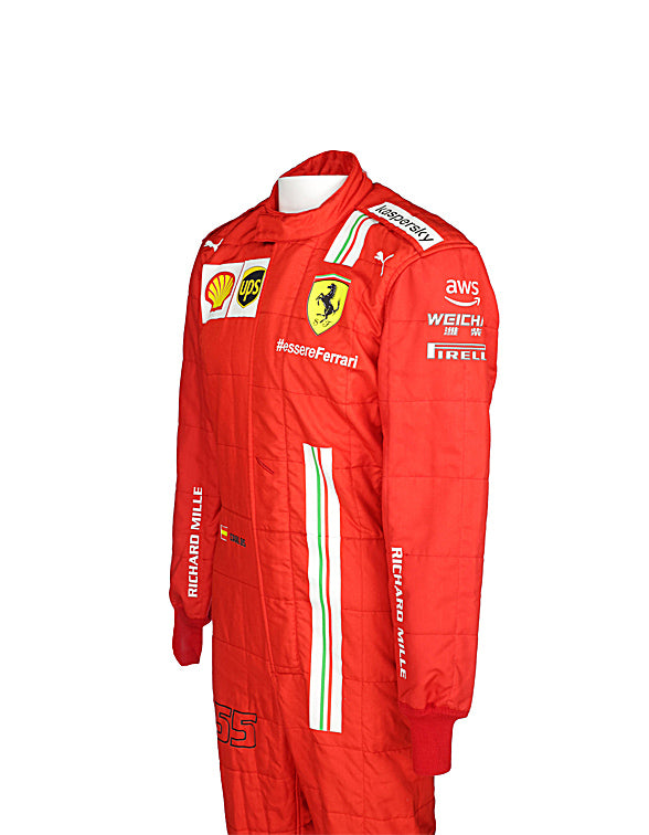 Ferrari Formula One racing suit inspired by Carlos Sainz and the 2021 Grand Prix season.
