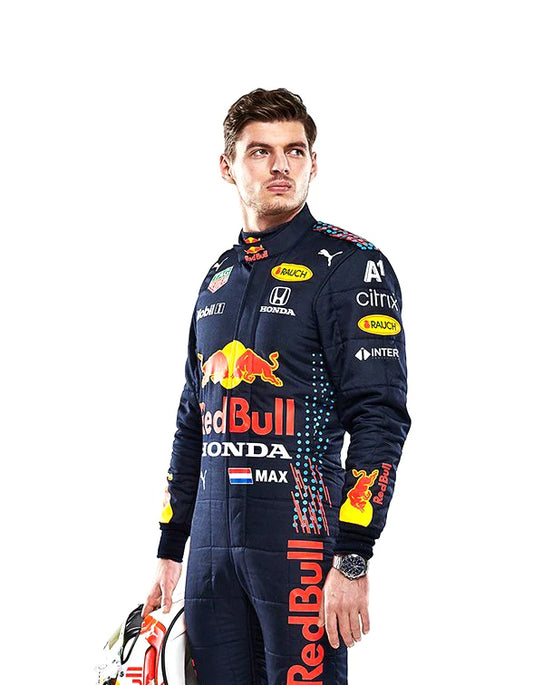 2021 Max Verstappen Red Bull Honda Formula 1 racing suit inspired by his World Championship season.