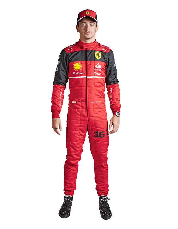 2022 Charles Leclerc Ferrari F1 racing suit inspired by the iconic Formula 1 Grand Prix design.