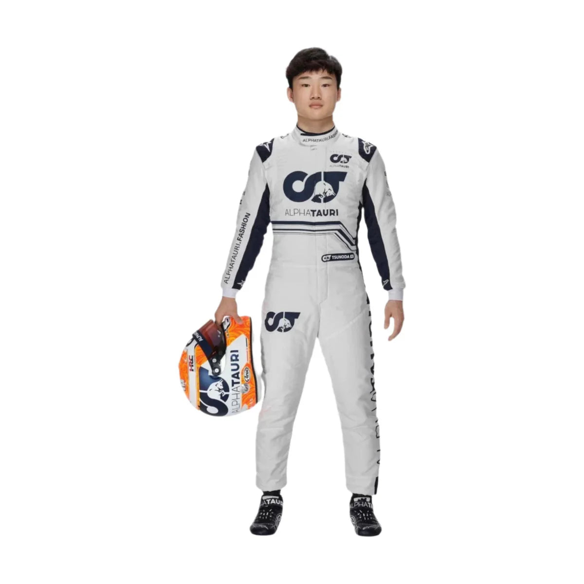Front view of 2022 Yuki Tsunoda Scuderia AlphaTauri F1 race suit replica with official team-inspired graphics