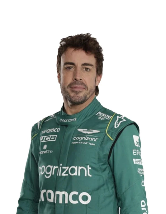 2023 Fernando Alonso Aston Martin Aramco Formula 1 racing suit inspired by his podium-filled season.