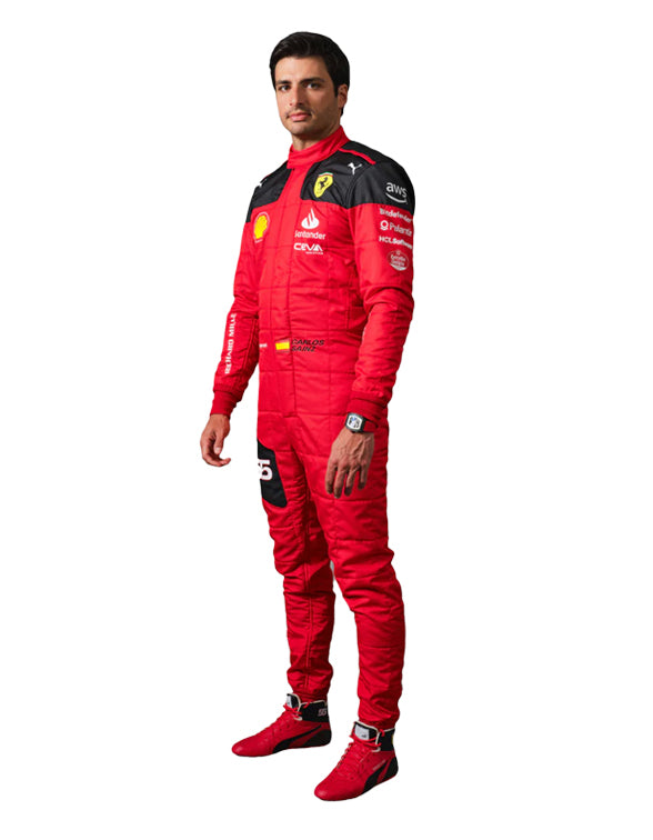 2023 Carlos Sainz Ferrari F1 racing suit inspired by the iconic Formula 1 Grand Prix design.