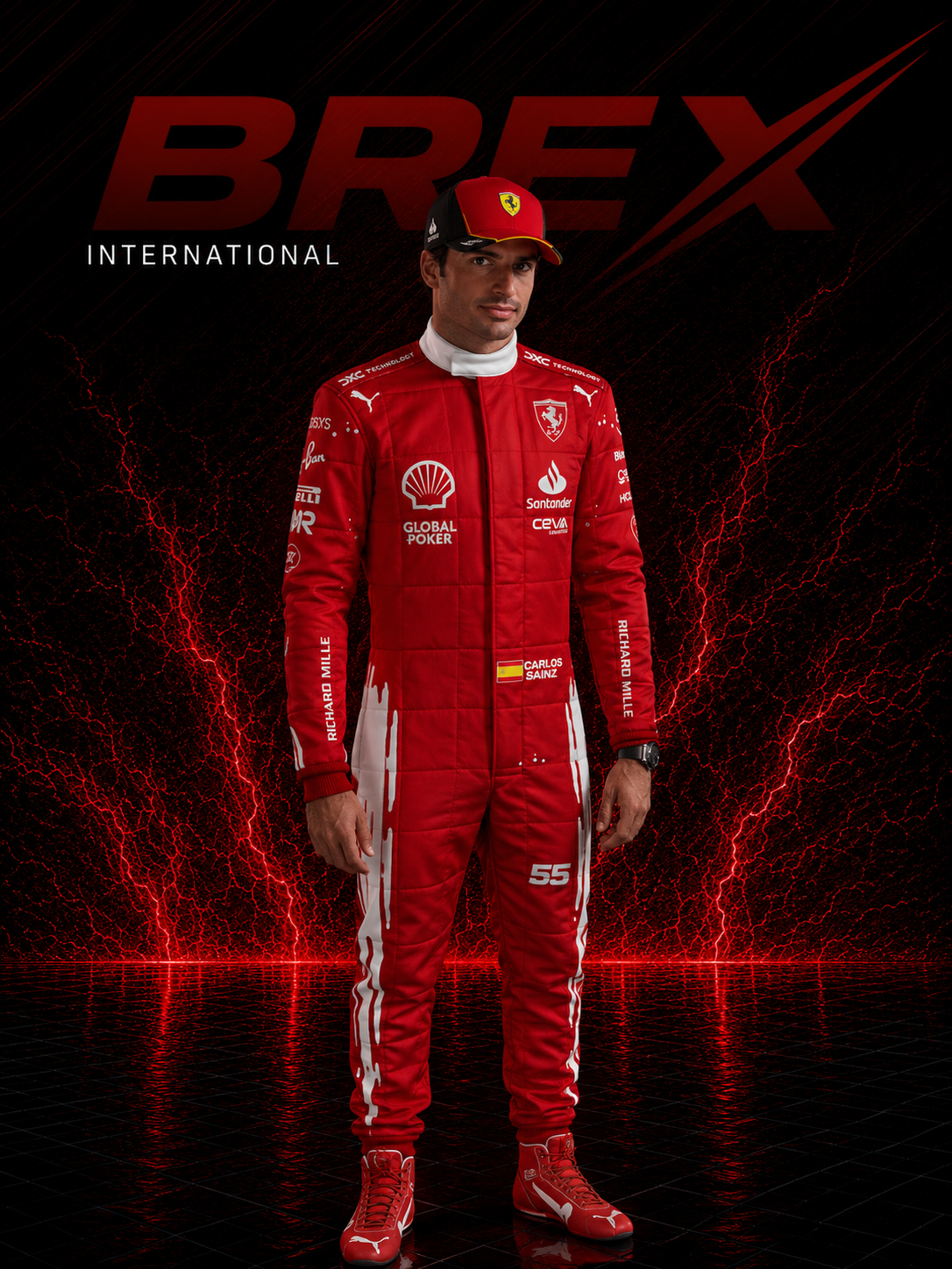 2023 Carlos Sainz Las Vegas GP Special Edition Ferrari F1 racing suit inspired by the iconic night race design.