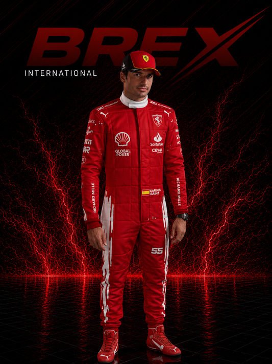 2023 Carlos Sainz Las Vegas GP Special Edition Ferrari F1 racing suit inspired by the iconic night race design.