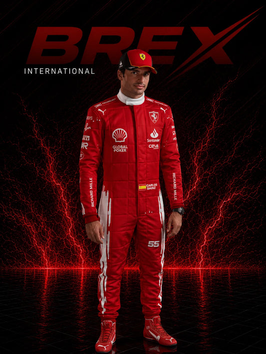 2023 Carlos Sainz Las Vegas GP Special Edition Ferrari F1 racing suit inspired by the iconic night race design.