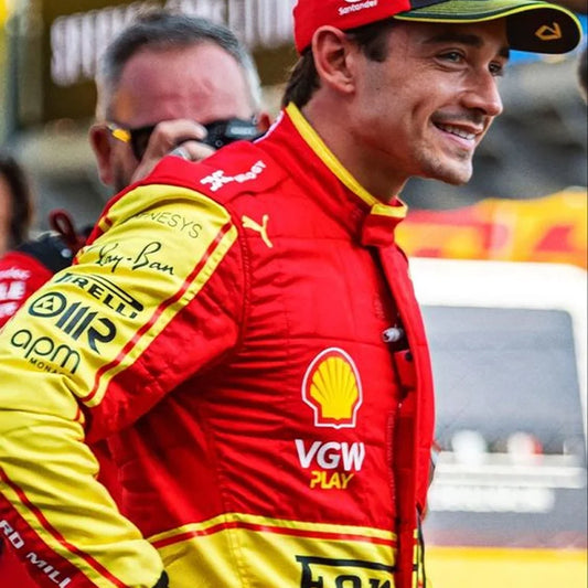 "2023 Charles Leclerc Monza GP Ferrari F1 Race Replica Suit in iconic red and yellow Ferrari design, premium motorsport racing apparel for Formula 1 fans and collectors