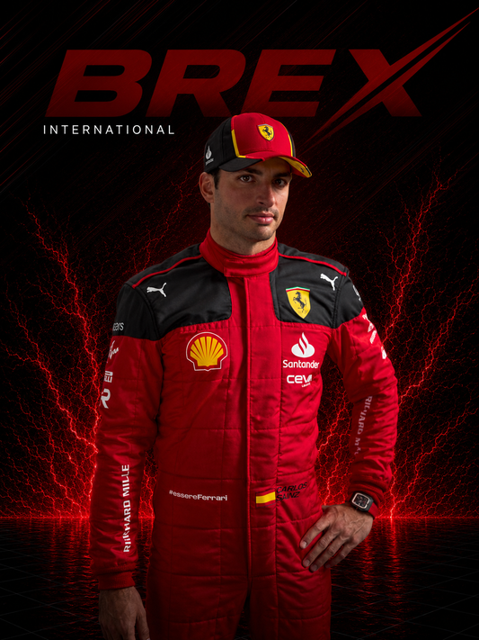 High-quality Ferrari F1 racing suit inspired by Carlos Sainz's 2023 Formula 1 season with Scuderia Ferrari.