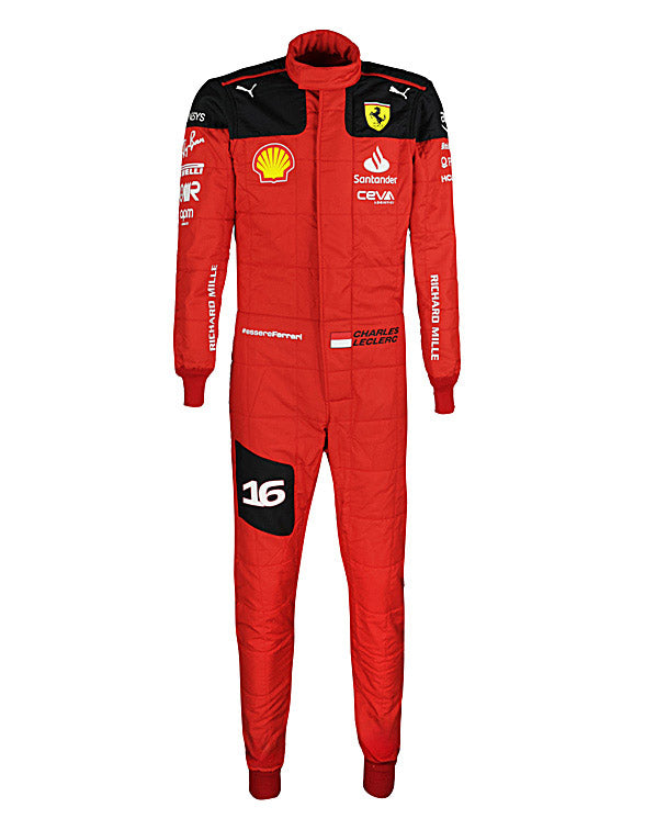High-quality Ferrari F1 racing suit inspired by Charles Leclerc's 2023 Grand Prix appearance.