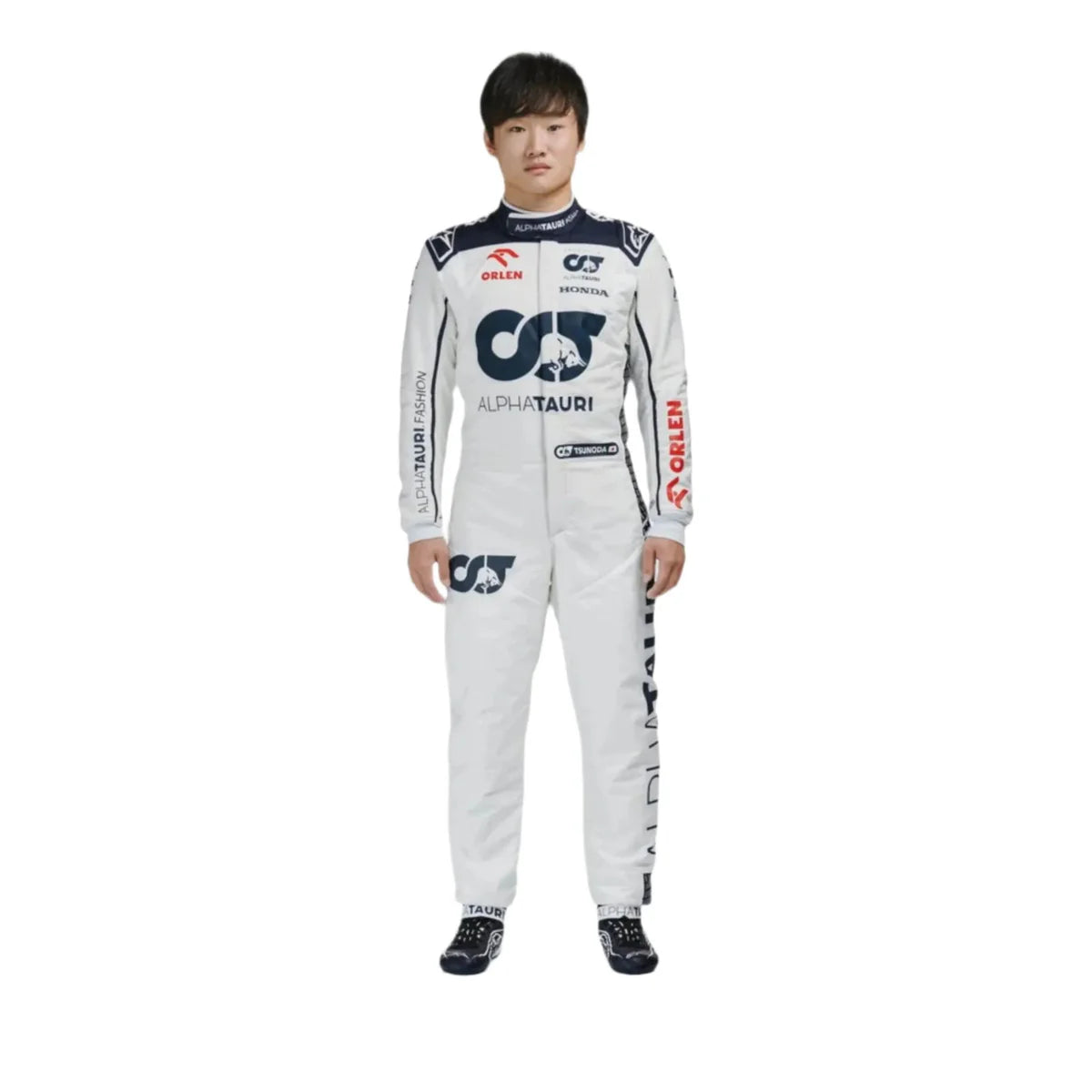 2023 Yuki Tsunoda AlphaTauri F1 race suit replica front view featuring Scuderia AlphaTauri sponsor logos and Formula 1 team colors.