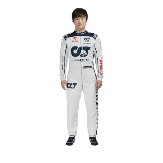 2023 Yuki Tsunoda AlphaTauri F1 race suit replica front view featuring Scuderia AlphaTauri sponsor logos and Formula 1 team colors.