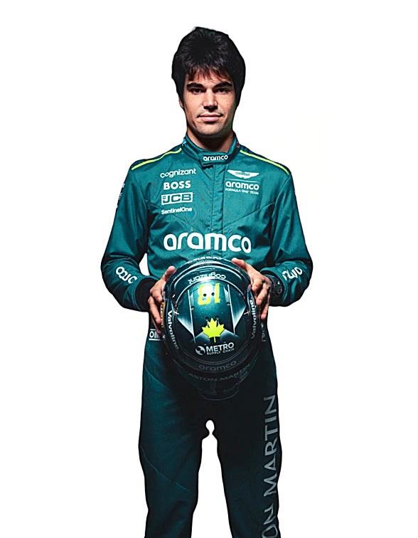 Side angle Lance Stroll 2024 Aston Martin F1 racing suit replica design