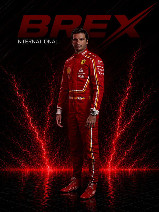 2024 Carlos Sainz Ferrari F1 racing suit inspired by the official Formula 1 season design.