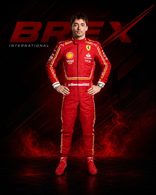 2024 Charles Leclerc Ferrari F1 Race Suit Replica in classic Ferrari red with authentic sponsor details and premium motorsport design.