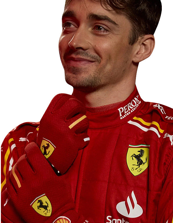High-quality 2024 Ferrari F1 Charles Leclerc Replica Race Suit featuring authentic racing graphics and custom craftsmanship.