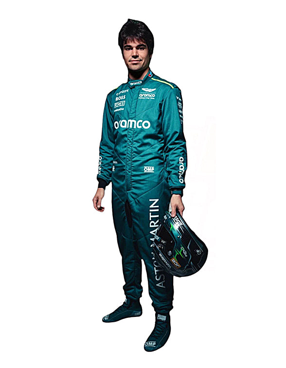 2024 Lance Stroll Aston Martin F1 suit replica full body view professional racing suit display