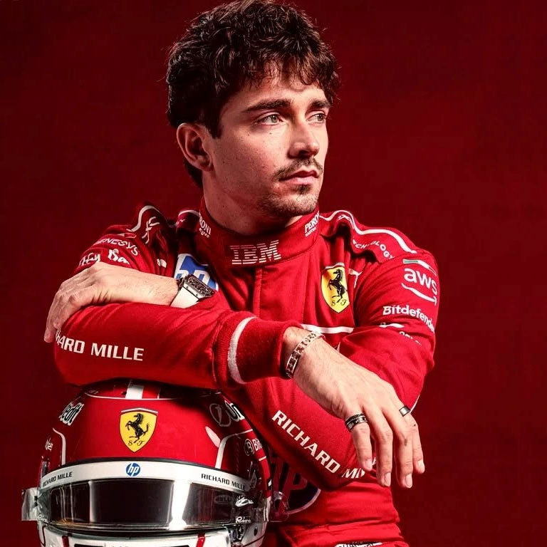 High-quality 2025 Ferrari F1 racing suit inspired by Charles Leclerc's Grand Prix appearance and Ferrari racing heritage.