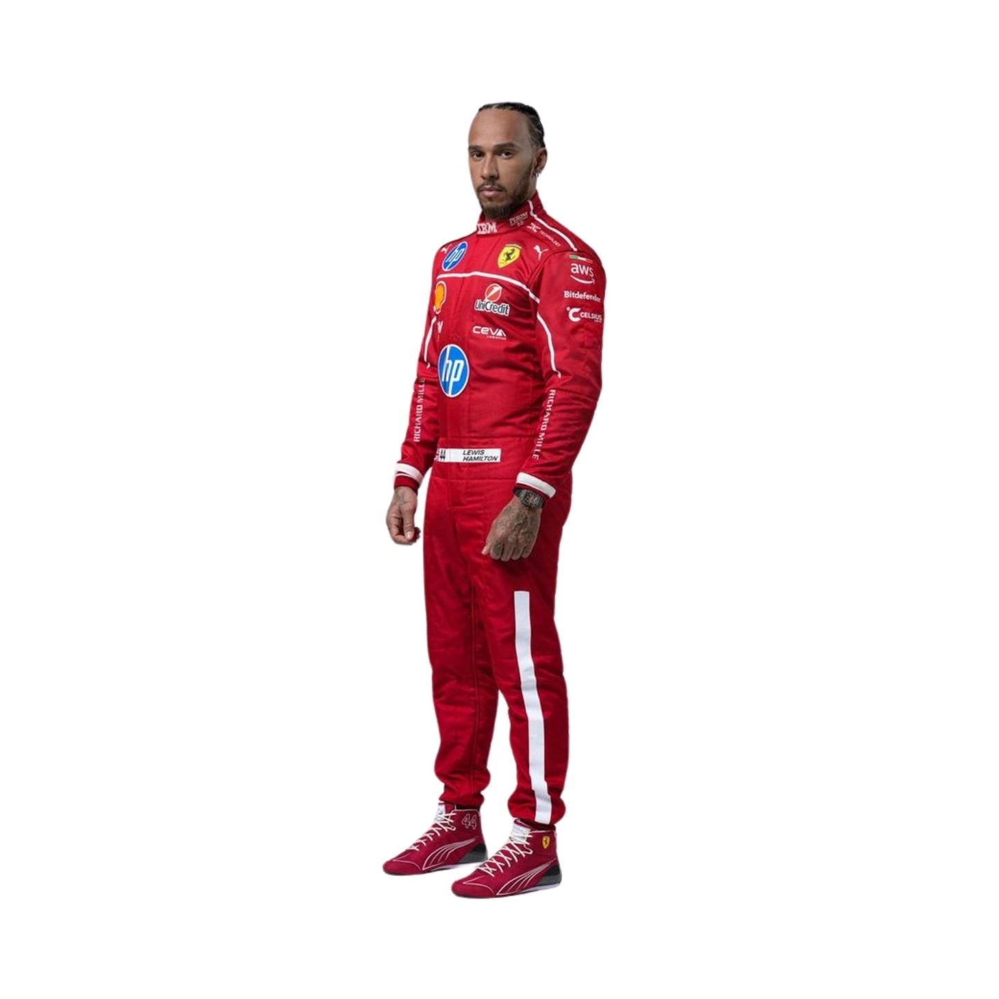 Premium 2025 Lewis Hamilton F1 Racing Suit Replica front view with detailed sponsor graphics