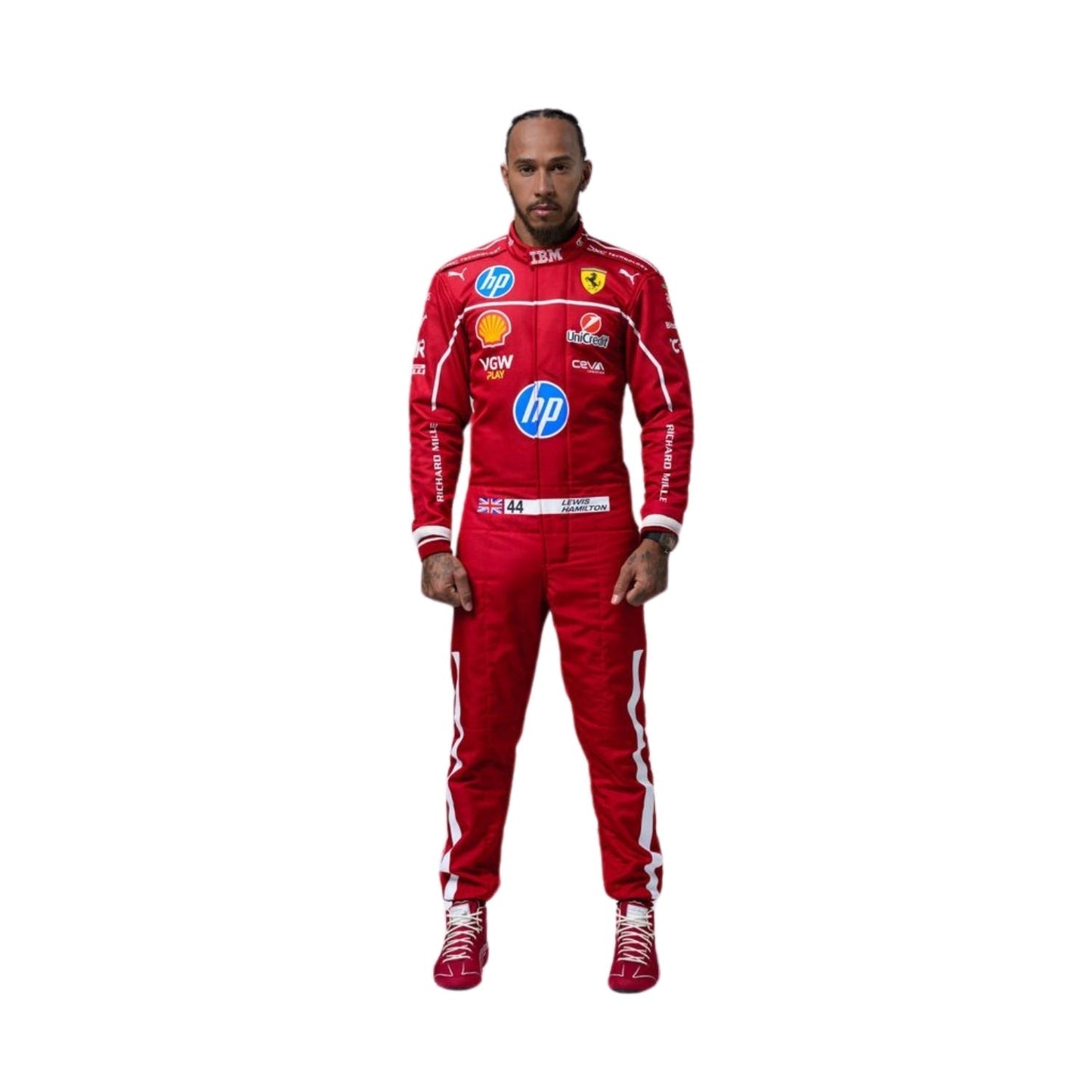 Premium 2025 Lewis Hamilton F1 Racing Suit Replica front view with detailed sponsor graphics.