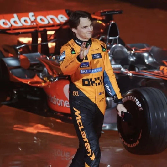 2025 Oscar Piastri McLaren F1 racing suit inspired by the Formula 1 season.