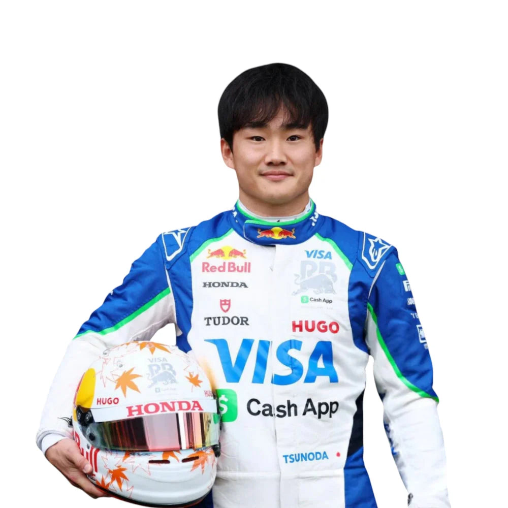 High-quality Yuki Tsunoda 2025 F1 suit replica featuring Racing Bulls team colors and sponsor branding.