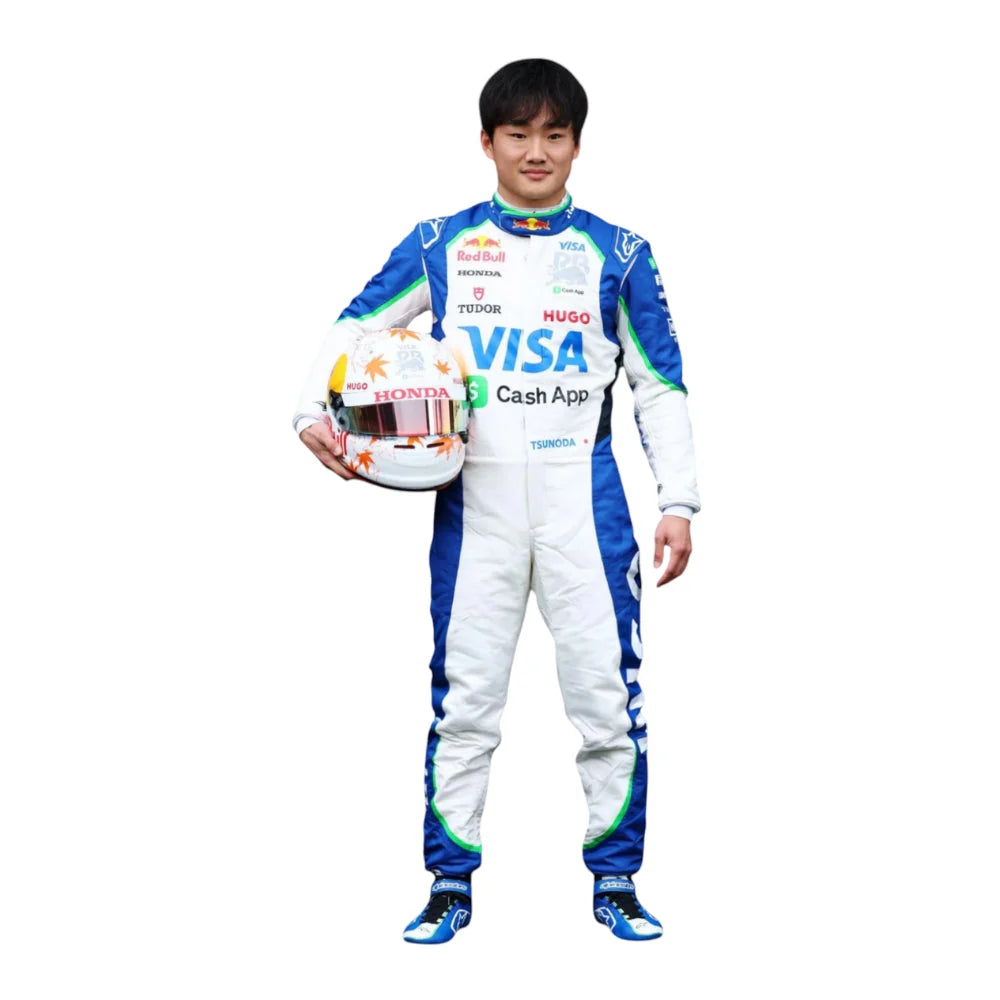 2025 Yuki Tsunoda Go-Kart Racing Suit Replica front view featuring Visa Cash App RB F1 Team sponsor logos and Formula 1 design.