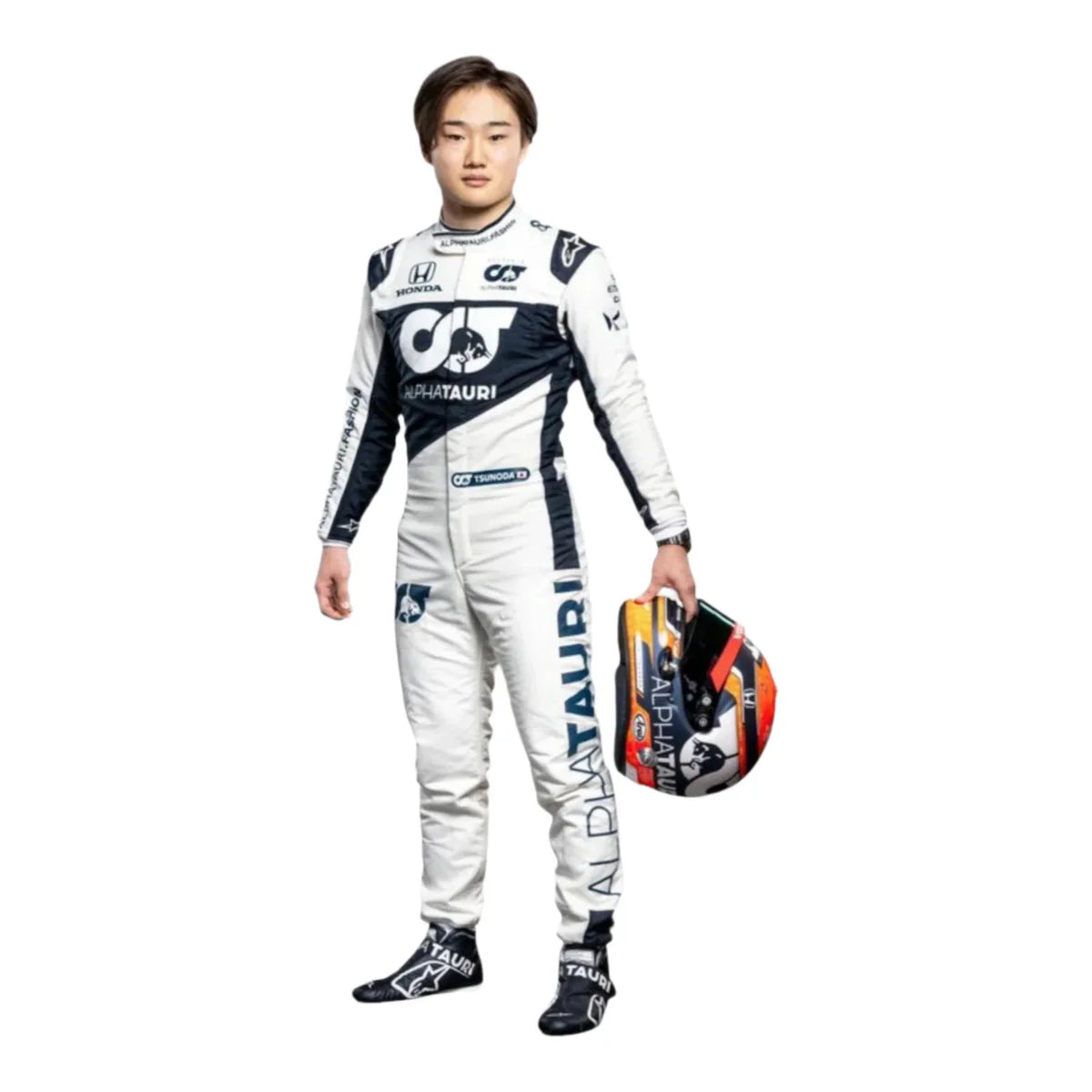 High-quality AlphaTauri Formula 1 racing suit replica with authentic colors and logos.