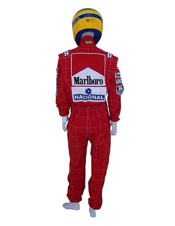 Ayrton Senna championship Formula 1 racing suit featuring authentic vintage motorsport styling.