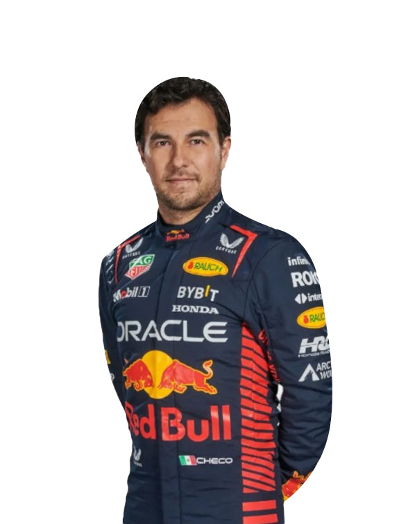 back view of 2023 Sergio Perez Red Bull F1 suit replica with sponsor logos